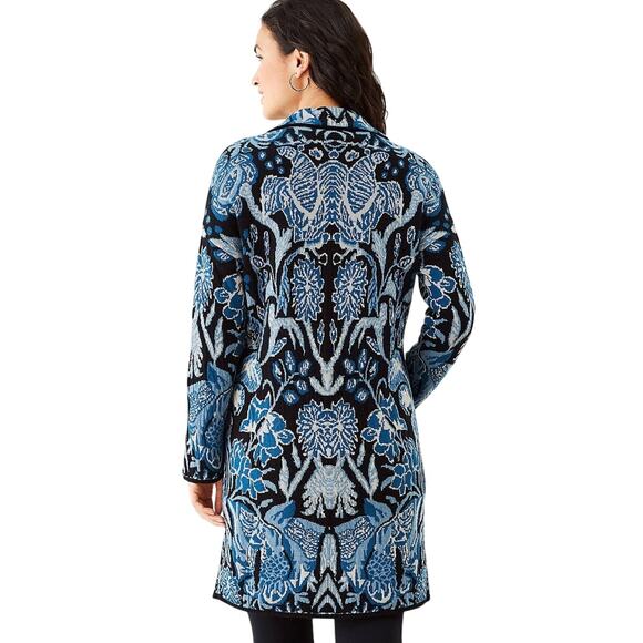 J.Jill Cardigan Prussian Blue Sweater Coat | Floral Tapestry Collared Duster  XS - Picture 1 of 13